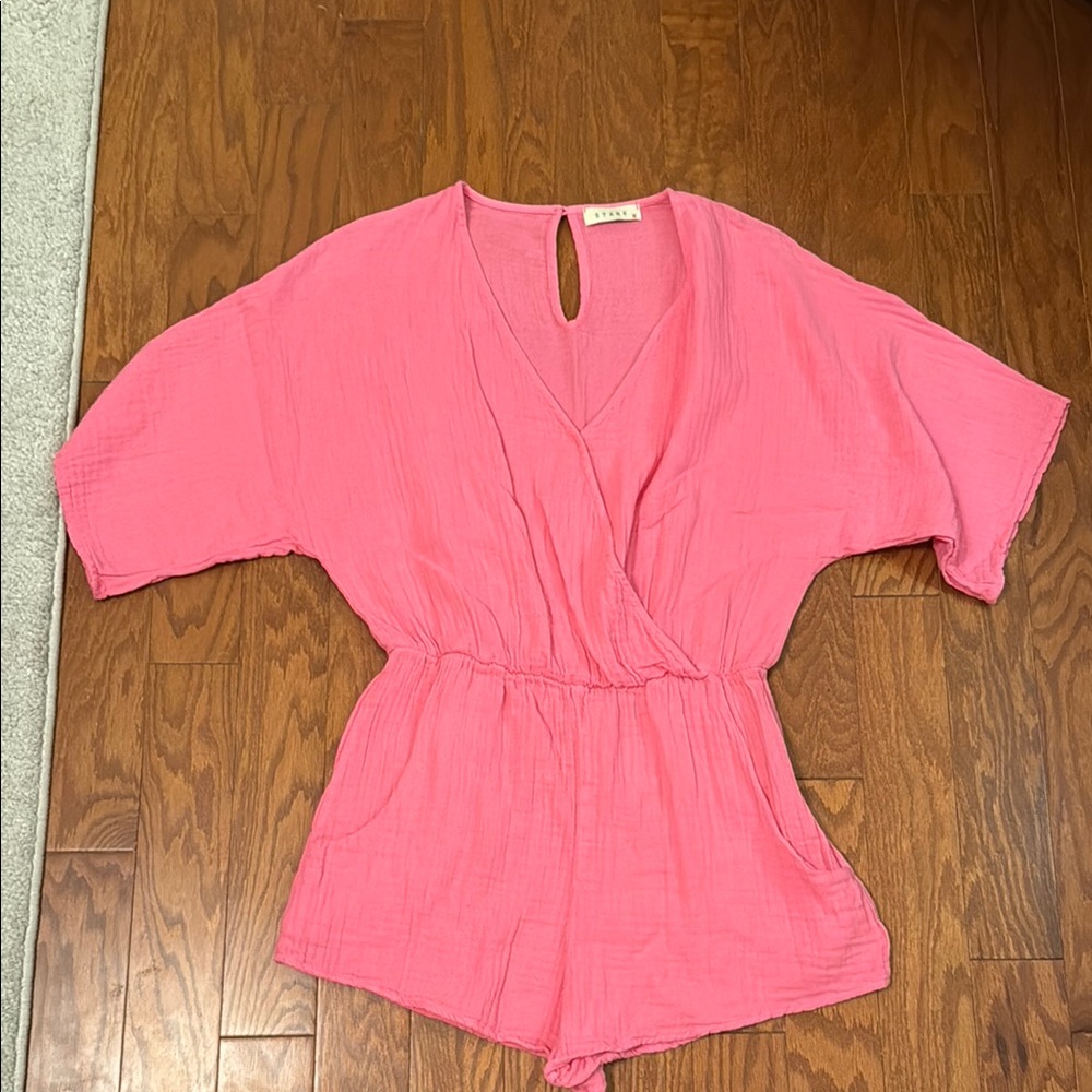 Stark X Wrap Front Pink Gauze Romper with Keyhole Back S